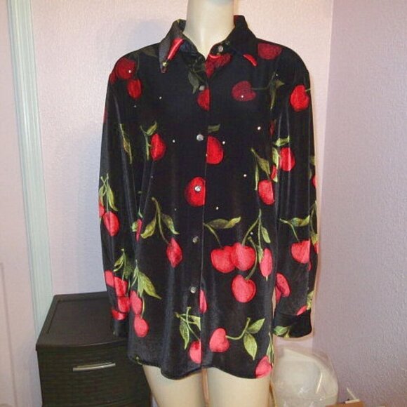 Vtg Quacker Factory Velvet Cherries Top Size M Rhinestones Button Up Whimsigoth - Picture 1 of 10